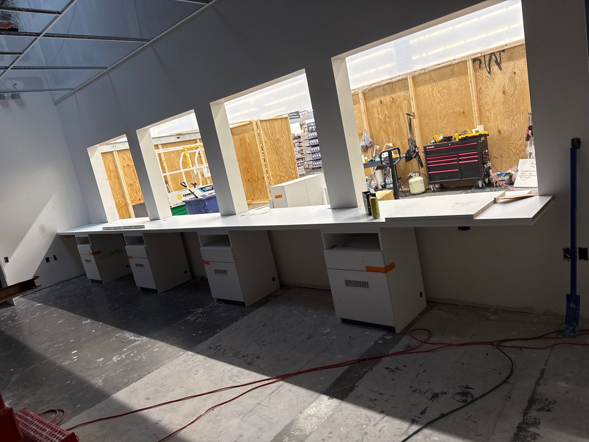 Retail millwork and service-counter buildout in progress